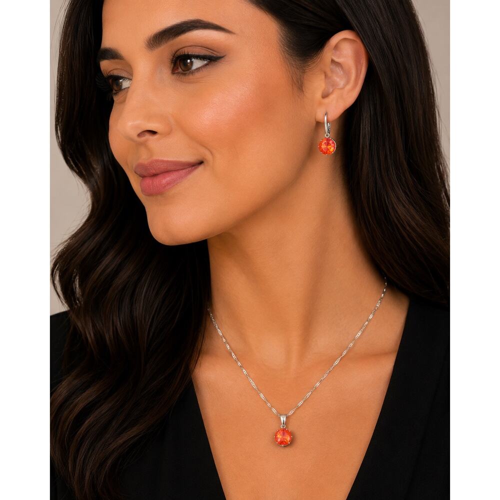 NWOT Orange Crystal Necklace & Earrings Silver Tone Jewelry Set - Picture 2 of 7